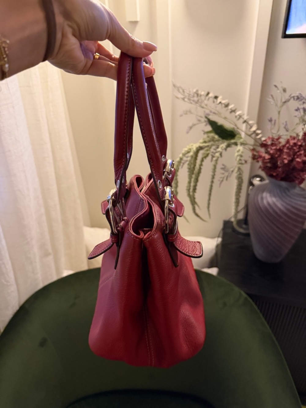 Tignanello Red Pebbled Leather Shoulder Bag with Buckle Accents - Picture 3 of 8